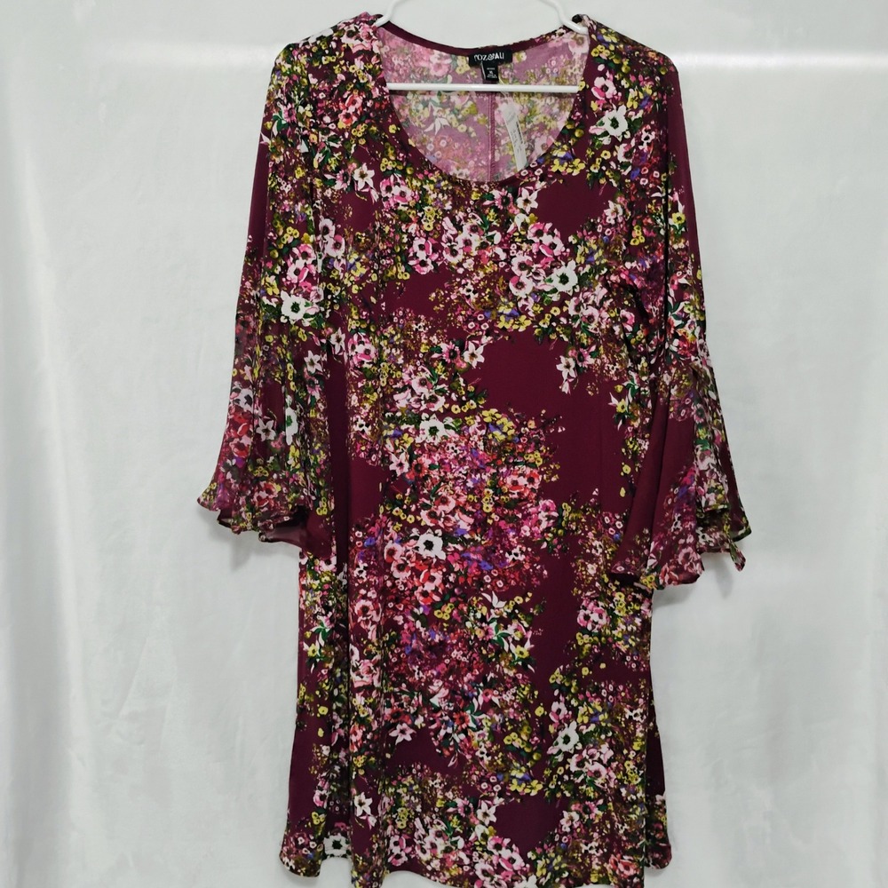 Roz & Ali Petite XL Burgundy Floral Bell Sleeve Shift Dress New With Tags X
